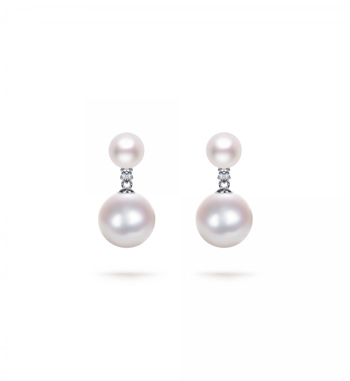 5.5-12.0mm White Freshwater Pearl & Diamond Double Drop Earrings in Sterling Silver - AAAA Quality