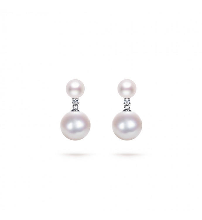 5.5-12.0mm White Freshwater Pearl & Diamond Double Drop Earrings in Sterling Silver - AAAA Quality