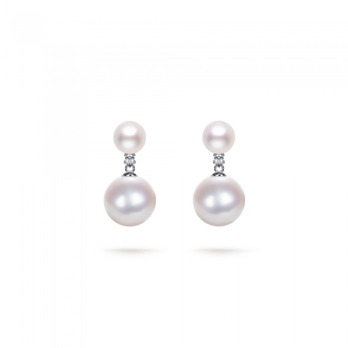 5.5-12.0mm White Freshwater Pearl & Diamond Double Drop Earrings in Sterling Silver - AAAA Quality