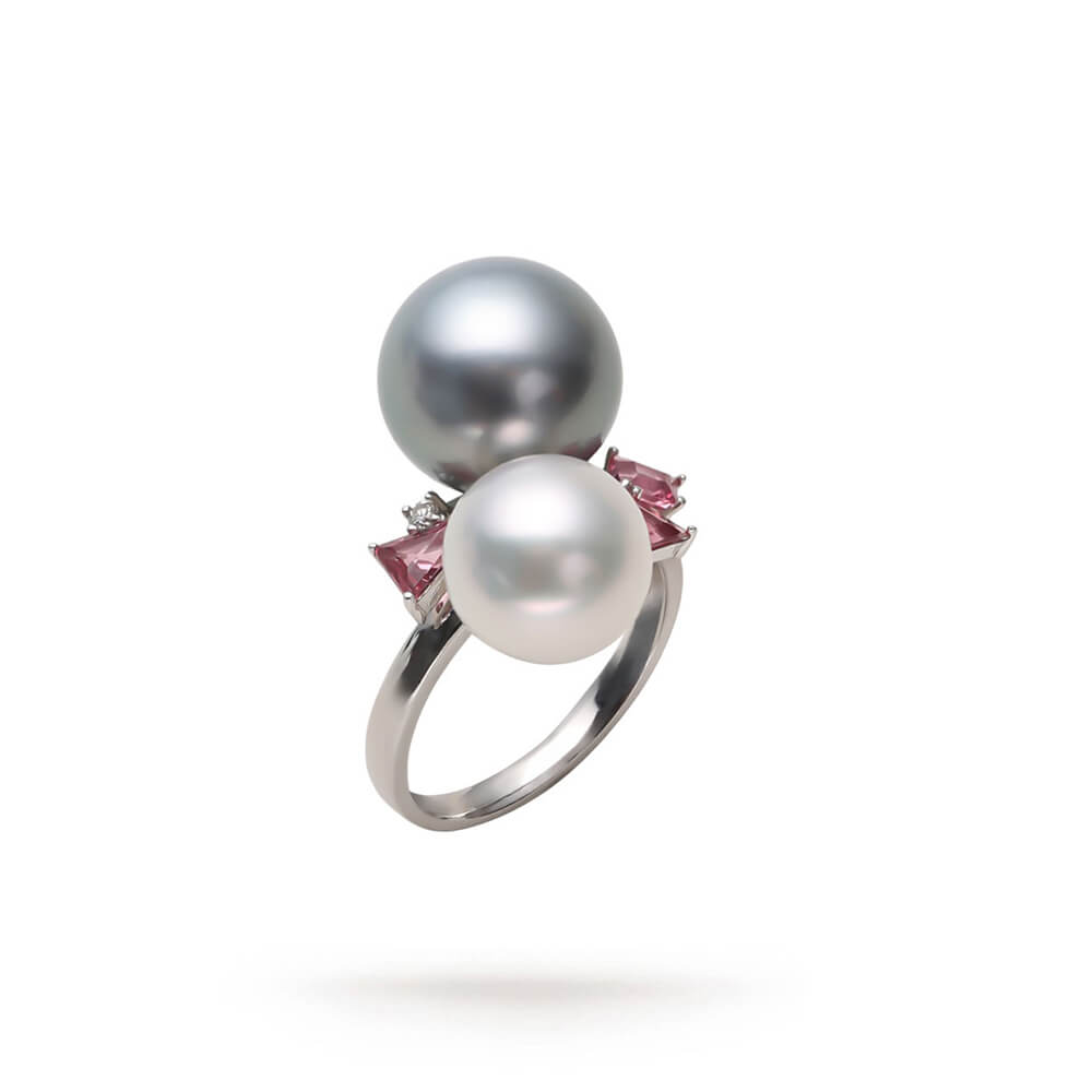 10.0-13.0mm Seawater Double Pearl and Pink Stone Ring- AAAAA Quality