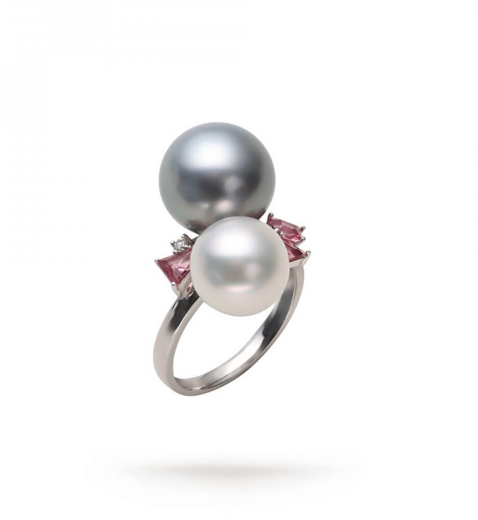 10.0-13.0mm Seawater Double Pearl and Pink Stone Ring- AAAAA Quality