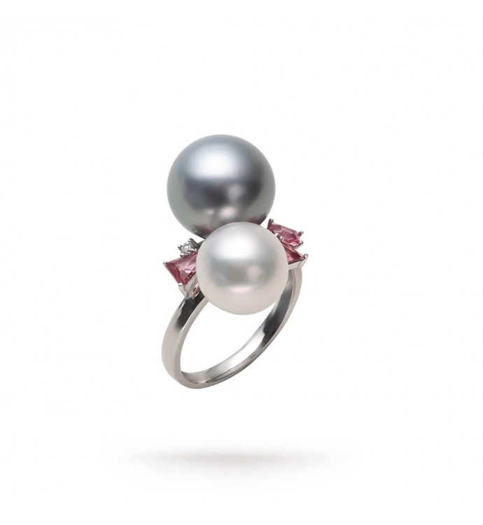 10.0-13.0mm Seawater Double Pearl and Pink Stone Ring- AAAAA Quality