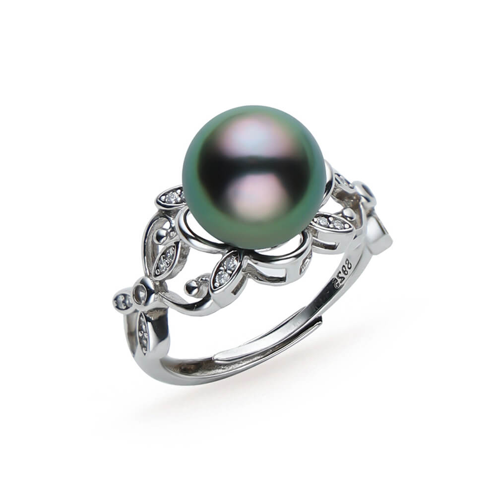 10.0-11.0mm Peacock Green Tahitian Pearl Ring in Sterling Silver - AAAA Quality