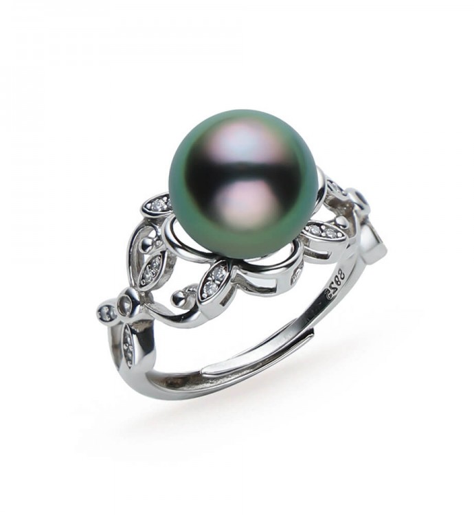 10.0-11.0mm Peacock Green Tahitian Pearl Ring in Sterling Silver - AAAA Quality