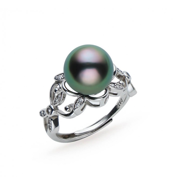 10.0-11.0mm Peacock Green Tahitian Pearl Ring in Sterling Silver - AAAA Quality