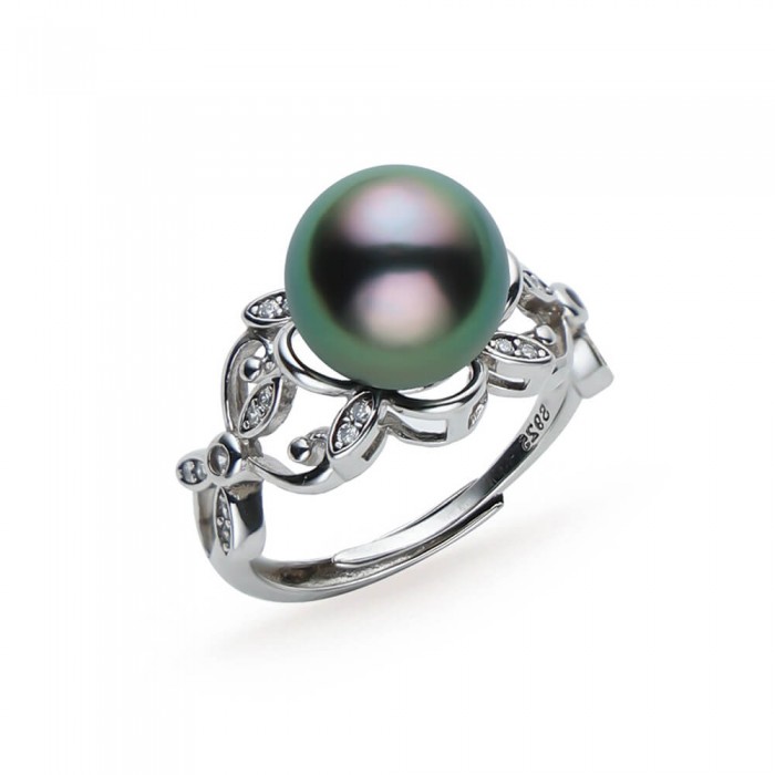 10.0-11.0mm Peacock Green Tahitian Pearl Ring in Sterling Silver - AAAA Quality