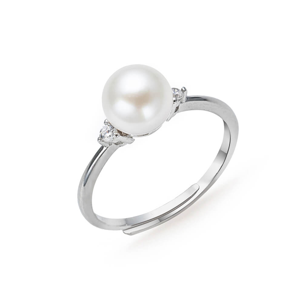 7.0-8.0mm White Akoya Pearl Bezel Ring - AAAA Quality