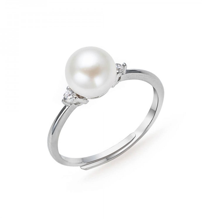 7.0-8.0mm White Akoya Pearl Bezel Ring - AAAA Quality