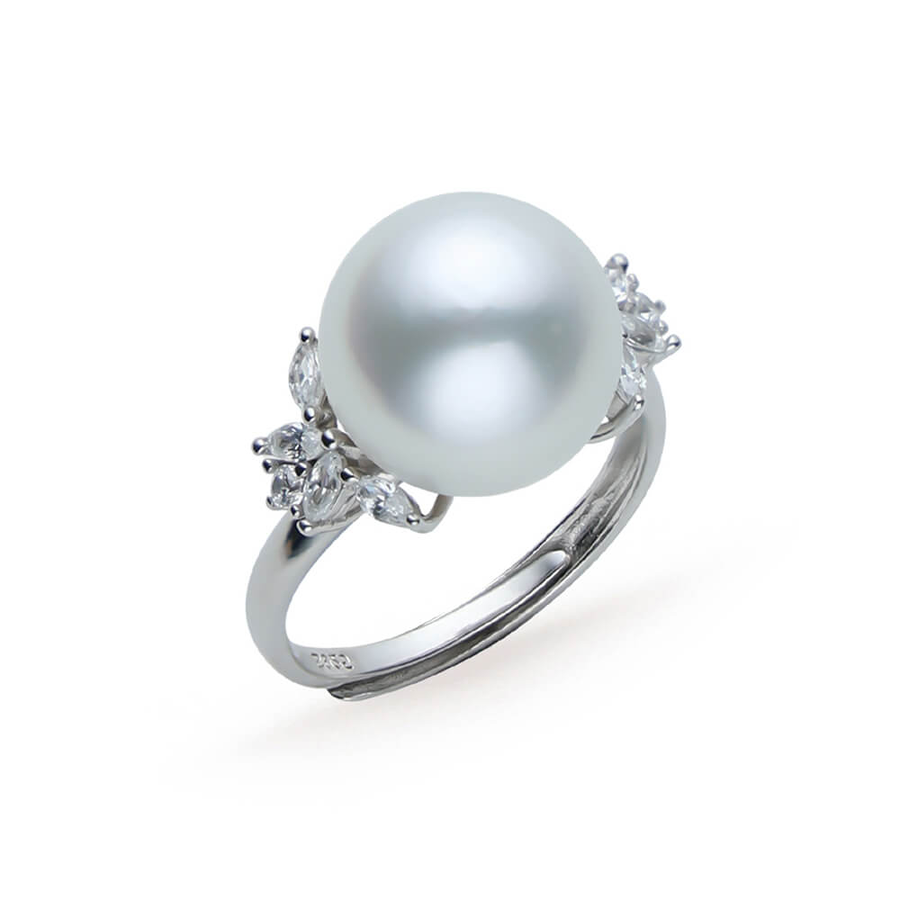 11.0-12.0mm White South Sea Pearl & Diamond Imperial Ring in Sterling Silver - AAA Quality