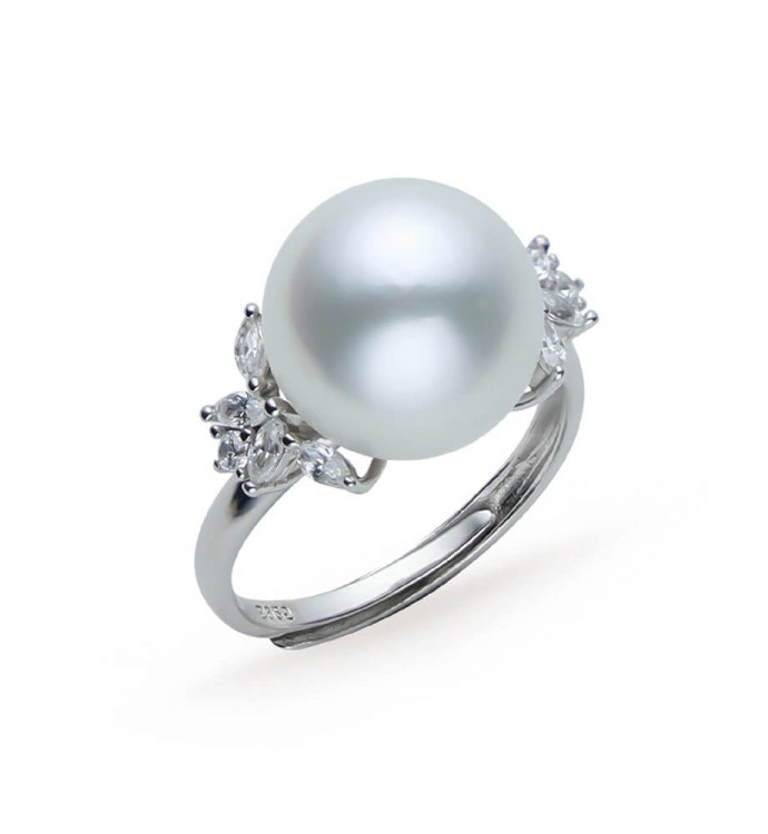 11.0-12.0mm White South Sea Pearl & Diamond Imperial Ring in Sterling Silver - AAA Quality