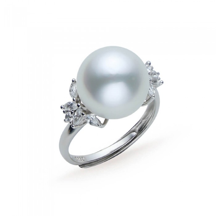 11.0-12.0mm White South Sea Pearl & Diamond Imperial Ring in Sterling Silver - AAA Quality