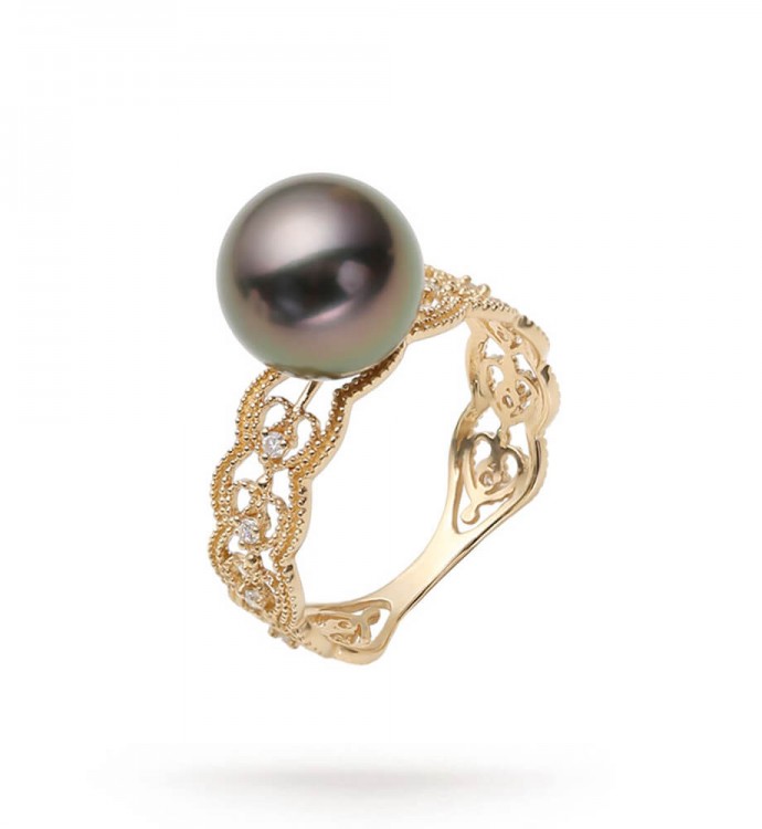 10.0-11.0mm Tahitian Black Pearl and Diamond Ring- AAAA Quality