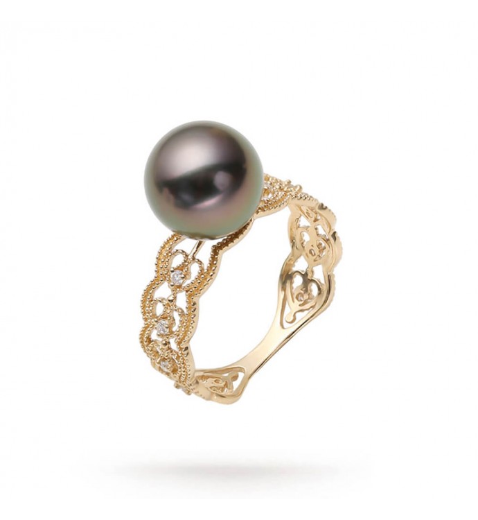 10.0-11.0mm Tahitian Black Pearl and Diamond Ring- AAAA Quality