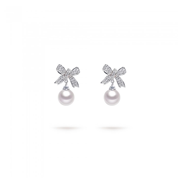 8.0-9.0mm White South Sea Pearl Bow Dolly Earrings in 18K Gold - AAAA Quality