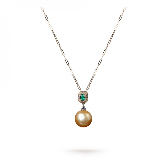 11.0-12.0mm Golden South Sea Pearl & Emerald Pendant in 18K Gold - AAAAA Quality