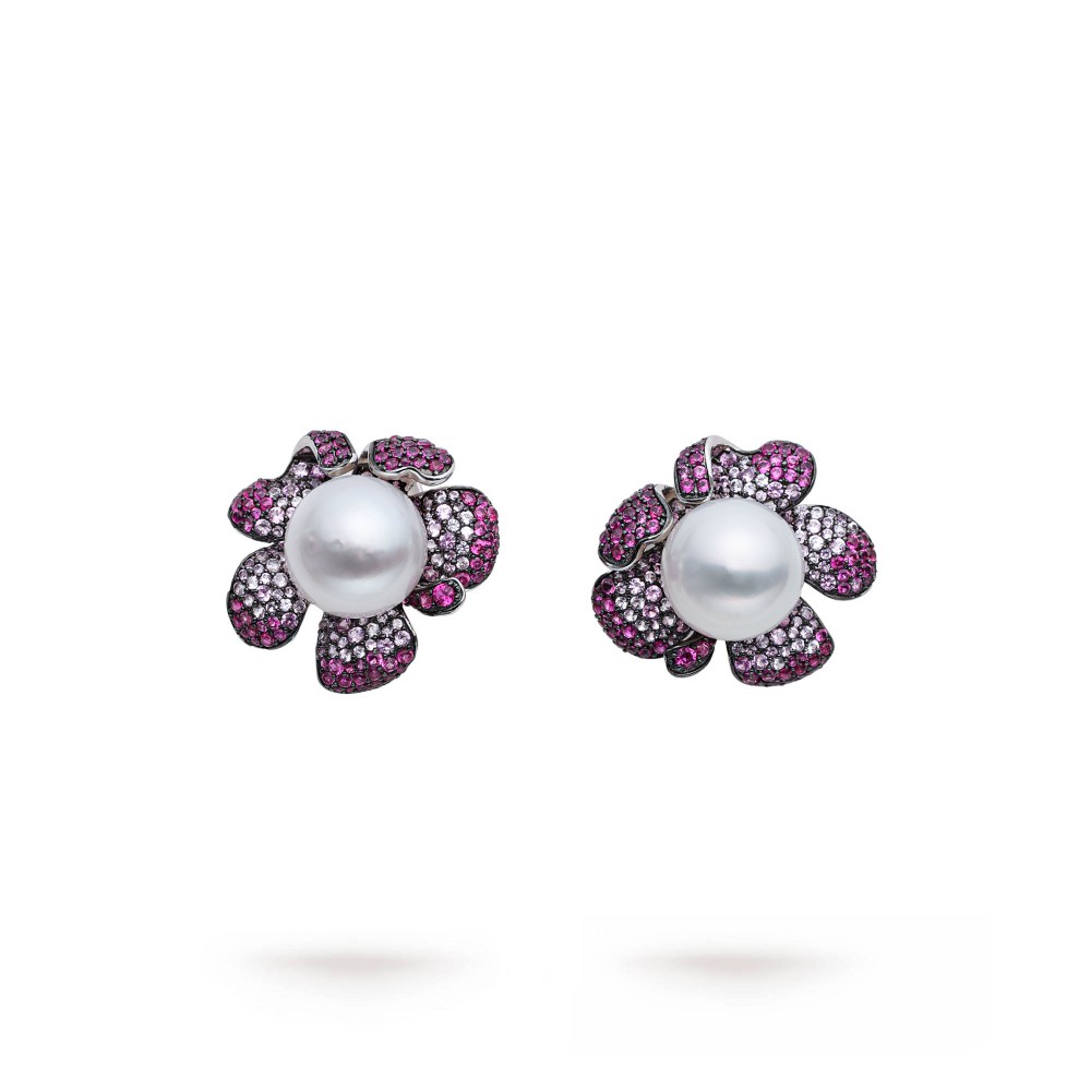 12.0-13.0mm White South Sea Round Pearl Flower Earrings