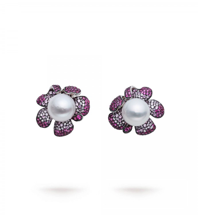 12.0-13.0mm White South Sea Round Pearl Flower Earrings