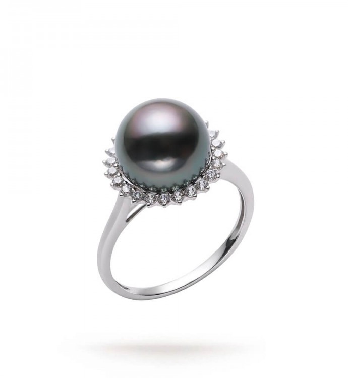 9.0-10.0mm Tahitian Black Pearl and Diamond Halo Ring