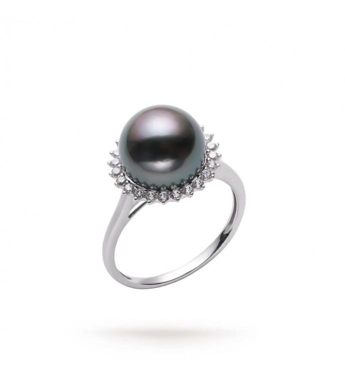 9.0-10.0mm Tahitian Black Pearl and Diamond Halo Ring