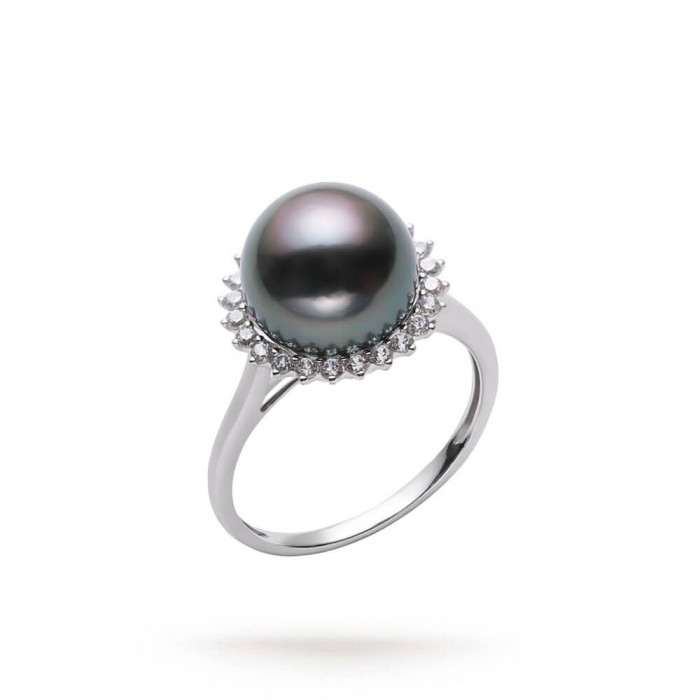 9.0-10.0mm Tahitian Black Pearl and Diamond Halo Ring