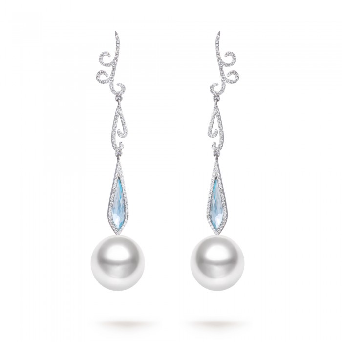 12.0-13.0mm White South Sea Round Pearl & Aquamarine Gabriel Drop Earrings in 18K Gold - AAAAA Quality