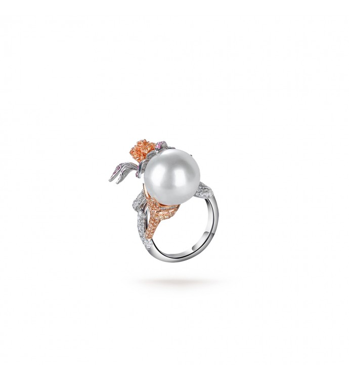 12.0-13.0mm White South Sea Pearl & Diamond Flower Ring in 18K Gold - AAAAA Quality