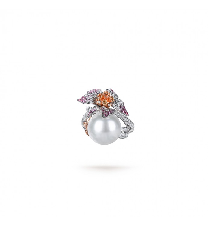 12.0-13.0mm White South Sea Pearl & Diamond Flower Ring in 18K Gold - AAAAA Quality