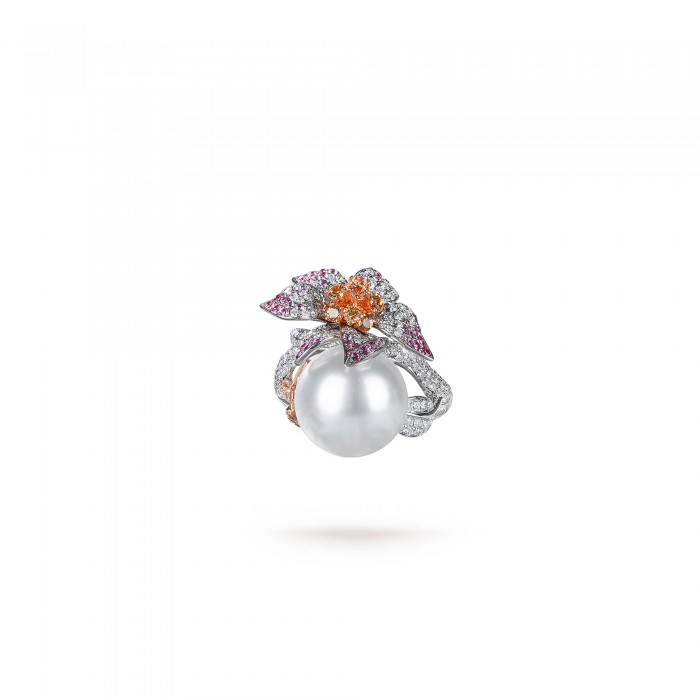 12.0-13.0mm White South Sea Pearl & Diamond Flower Ring in 18K Gold - AAAAA Quality