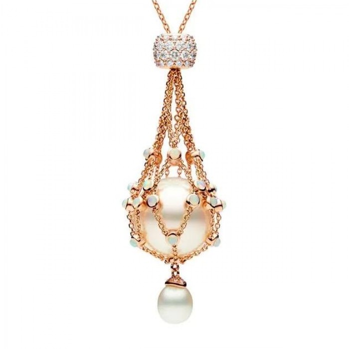 14.0-15.0mm Freshwater Pearl & Opal Lavalier Pendant - Rose Gold