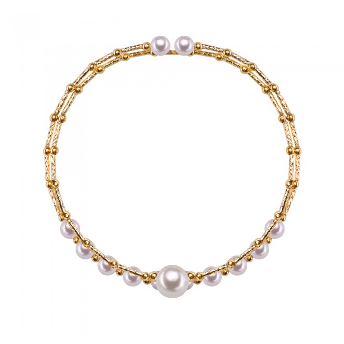 6.0-10.0mm White Freshwater Pearl Flowing Lines Bracelet in 18K Gold - AAAA Quality