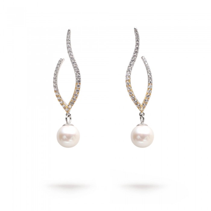 8.0-8.5mm White Freshwater Pearl & Diamond Drop Earrings in Sterling Silver - AAAA Quality