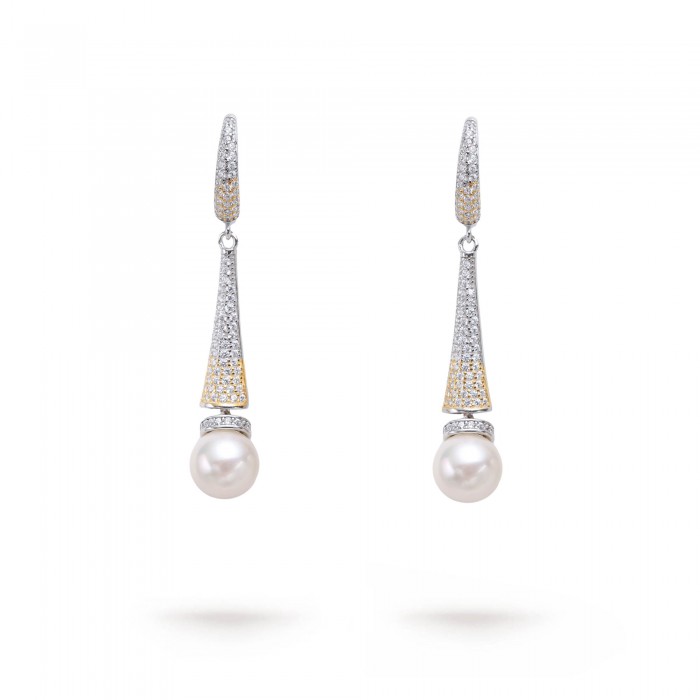 8.0-8.5mm White Freshwater Drop Pearl and Diamond Earrings in Sterling Silver - AAAA Quality