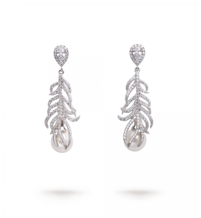 8.0-8.5mm Feather Drop Earrings with White Freshwater Pearls and Diamonds - AAAA Quality