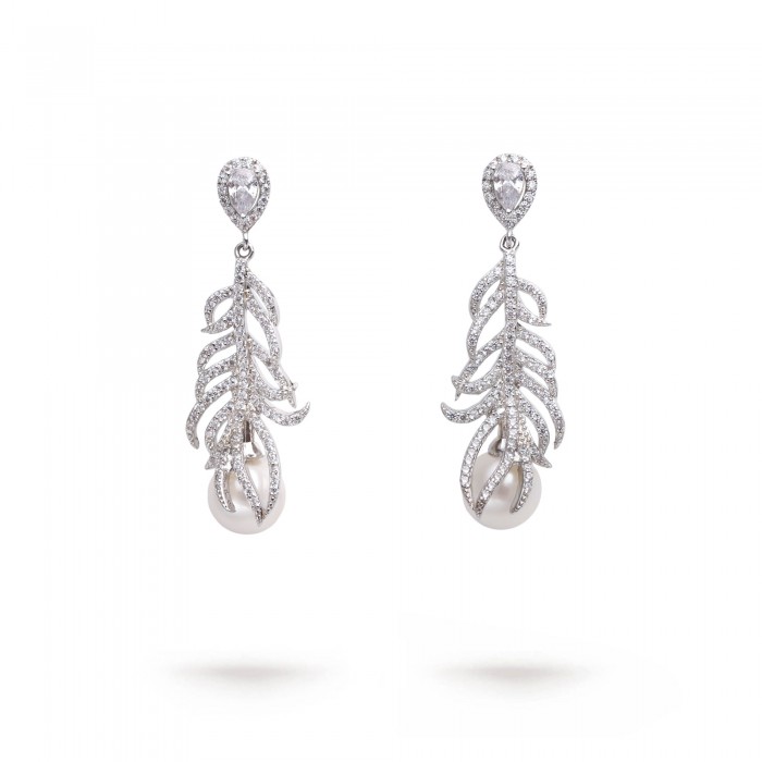 8.0-8.5mm Feather Drop Earrings with White Freshwater Pearls and Diamonds - AAAA Quality