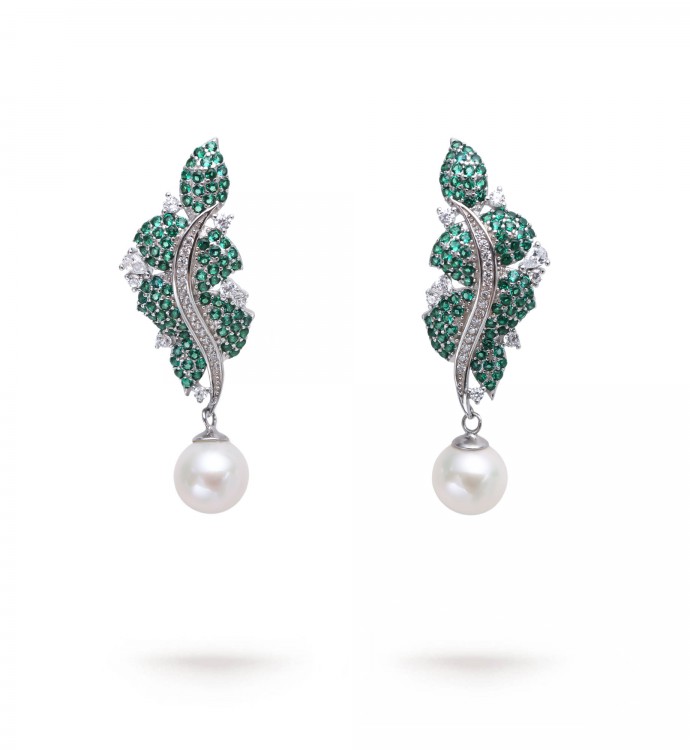 8.0-8.5mm White Freshwater Pearl and Emerald Drop Earrings - AAAA Quality