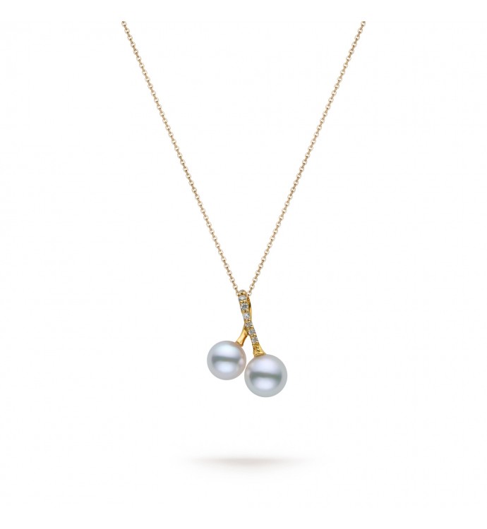 5.0-6.0mm White Akoya Double Pearl Pendant in 18K Gold - AAAA Quality