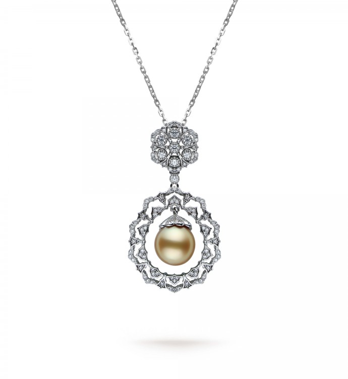 Golden South Sea Pearl & Diamond Vintage Pendant in Sterling Silver - AAAA Quality