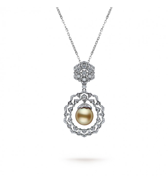 Golden South Sea Pearl & Diamond Vintage Pendant in Sterling Silver - AAAA Quality