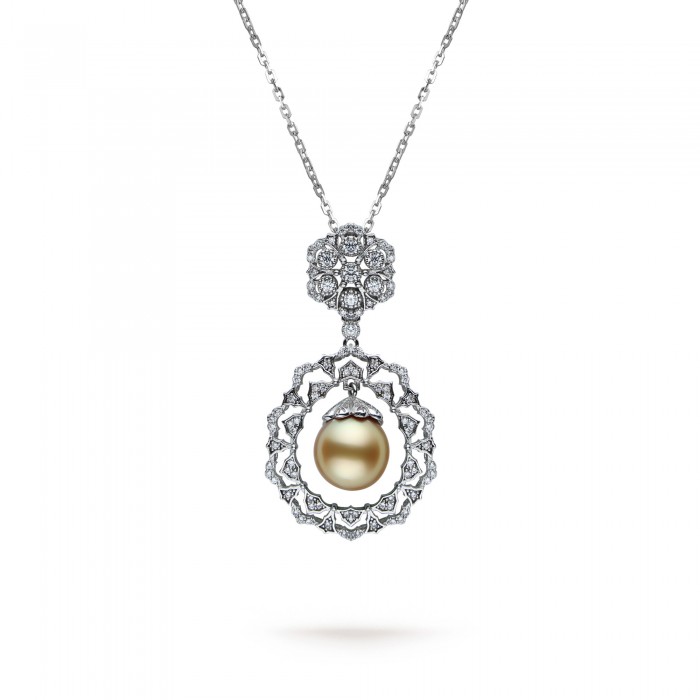 Golden South Sea Pearl & Diamond Vintage Pendant in Sterling Silver - AAAA Quality