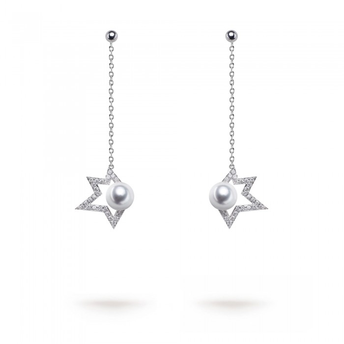 6.5-7.0mm Akoya Pearl Star Drop Earrings in 18K Gold - AAAA Quality