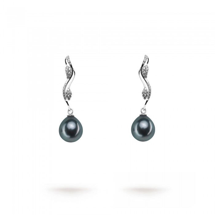 9.0-10.0mm Black Tahitian Assael Earrings in Sterling Silver - AAA Quality