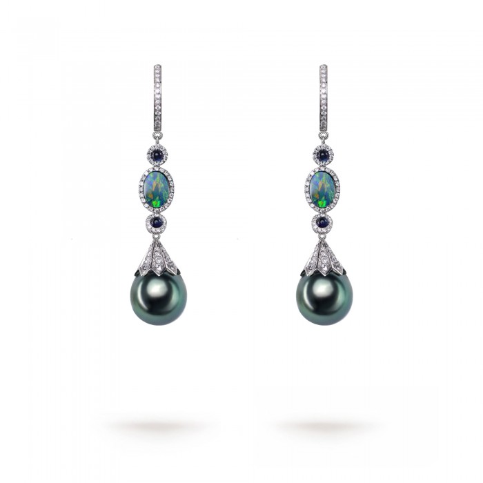 10.0-11.0mm Tahitian Pearl & Opal Drop Earrings in 18K Gold - AAAAA Quality