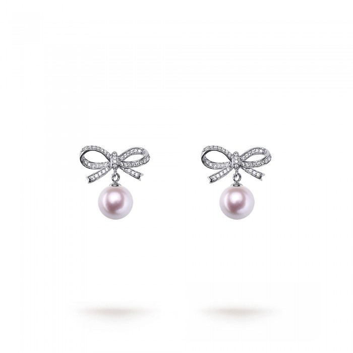 8.0-8.5mm Akoya Pearl Bow Drop Earrings in 18K Gold - AAAA Quality