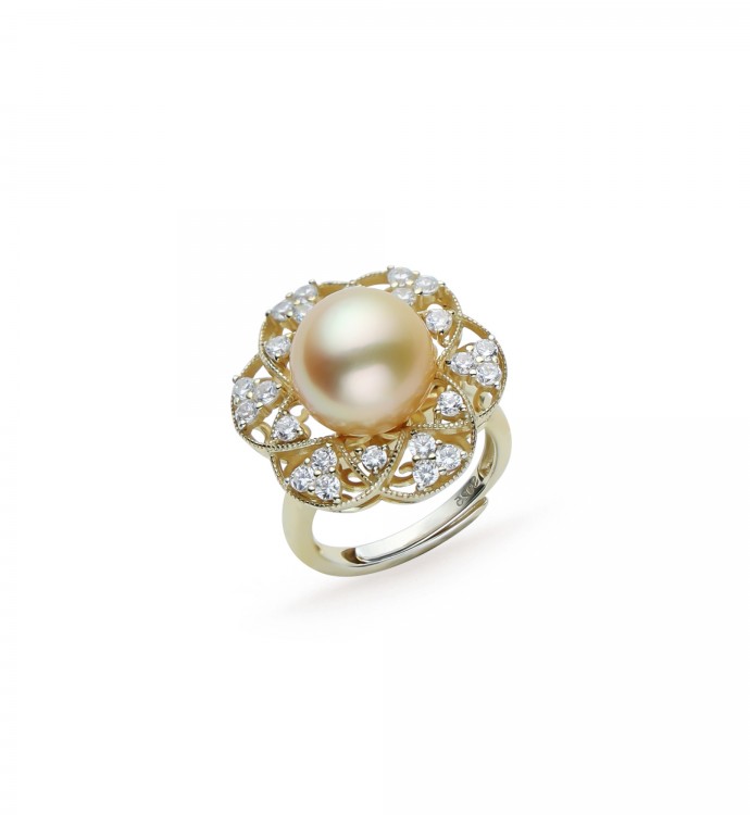9.0-10.0mm Golden South Sea Pearl Flower and Diamond Ring in Sterling Silver - AAA Quality