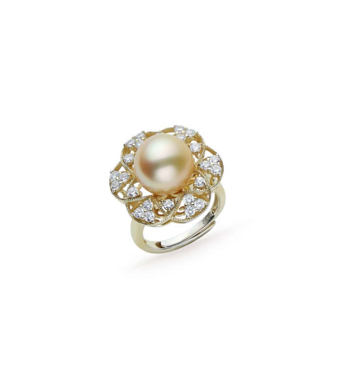 9.0-10.0mm Golden South Sea Pearl Flower and Diamond Ring in Sterling Silver - AAA Quality