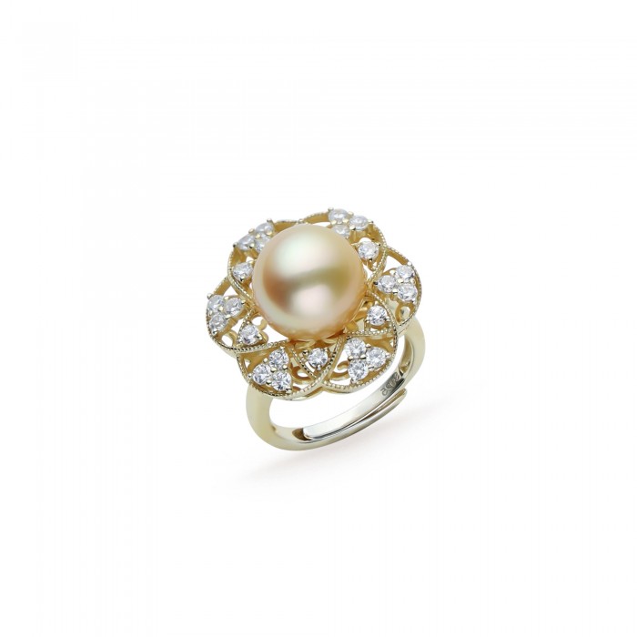 9.0-10.0mm Golden South Sea Pearl Flower and Diamond Ring in Sterling Silver - AAA Quality