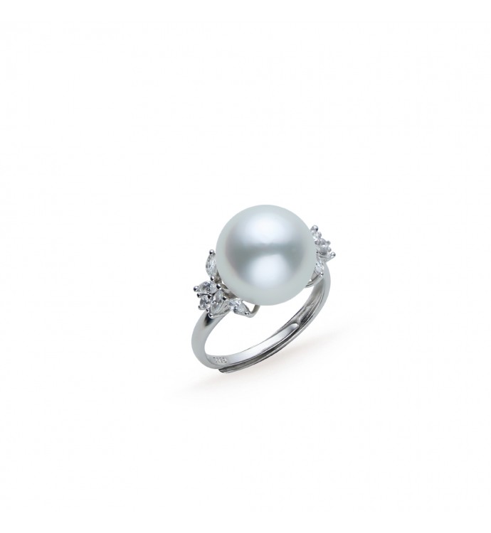 11.0-12.0mm White South Sea Pearl & Diamond Imperial Ring in Sterling Silver - AAA Quality