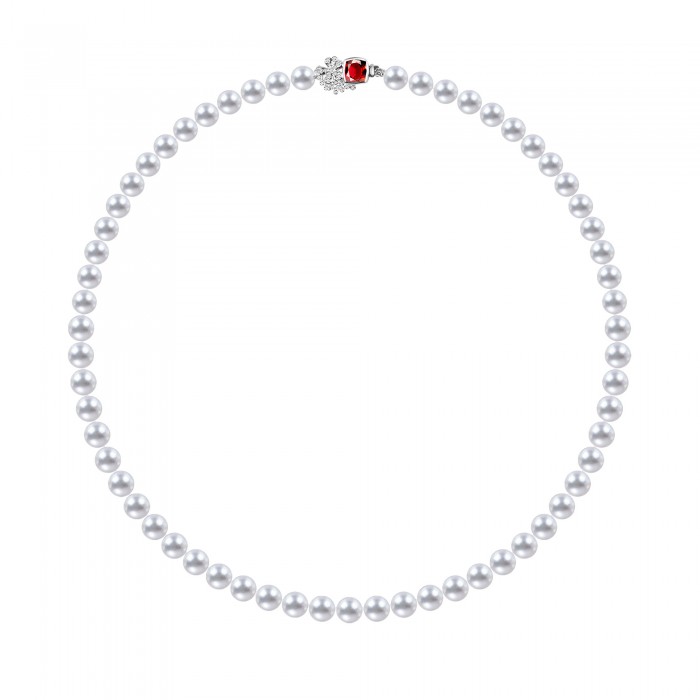 6.5-7.0mm White Akoya Pearl Necklace with Diamond + Ruby Clasp - AAAAA Quality