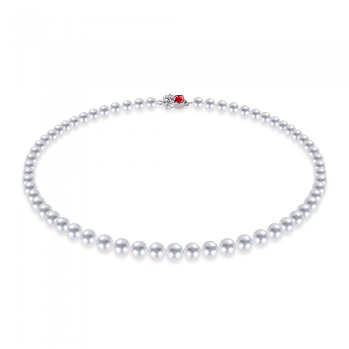 6.5-7.0mm White Akoya Pearl Necklace with Diamond + Ruby Clasp - AAAAA Quality