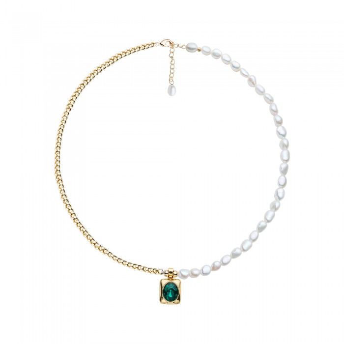 Half Chain Freshwater Pearl Necklace with Emerald Pendant